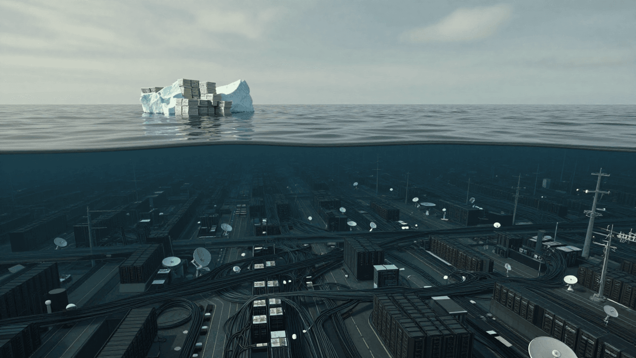 Early attempt: a realistic ocean with a tiny iceberg on the horizon and a city of data centers under the water.