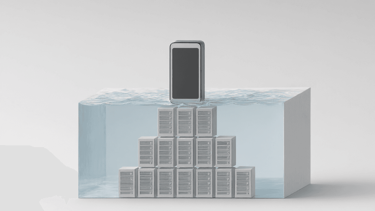 Render from the wireframe: a phone on a clear tank, white servers stacked in a pyramid, the water tinted light blue.