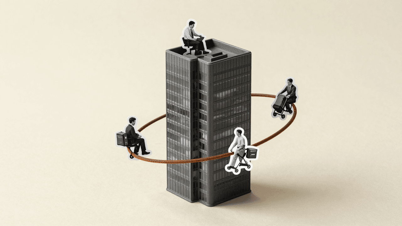 A grey tower with a rust-colored ring orbiting it, small cutout figures of workers riding the ring.