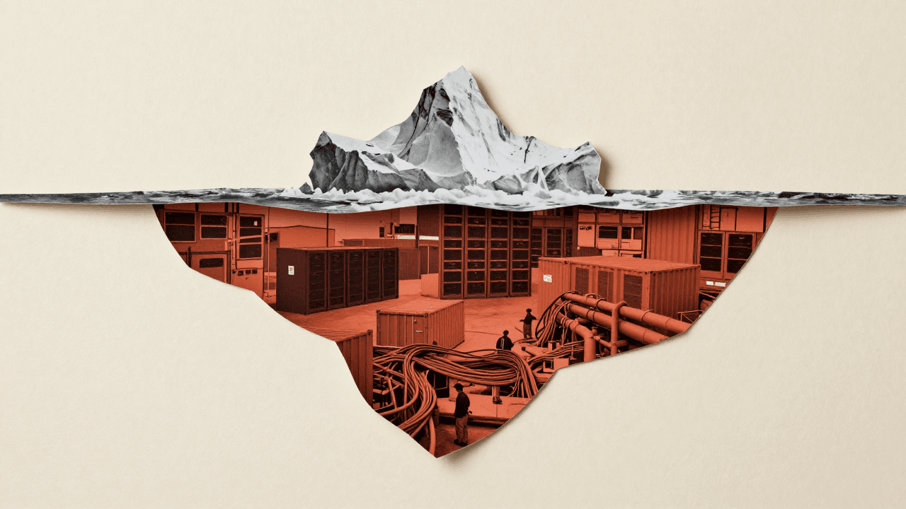 A paper-cut iceberg: a small grey peak above the waterline and a large rust-colored server room below it.