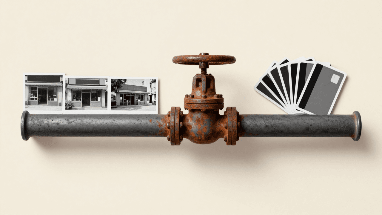 A rusted valve on a grey pipe, with storefront photos on one side and a fan of payment cards on the other.