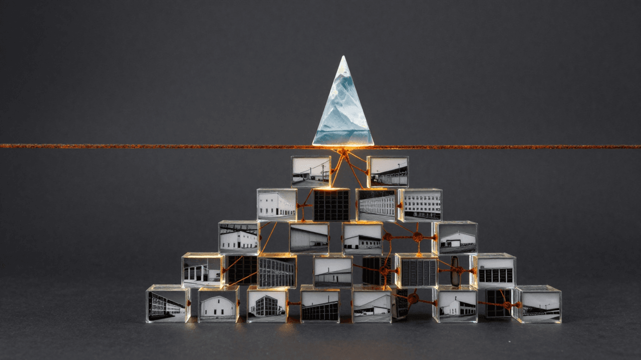 Iceberg in glass style: a crystal peak over a pyramid of glass blocks holding photos.