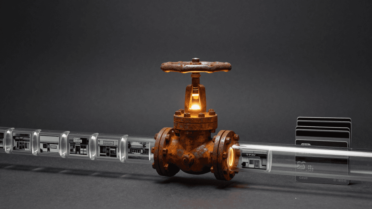 Valve in glass style: a rusted valve glowing amber on a clear glass pipe.