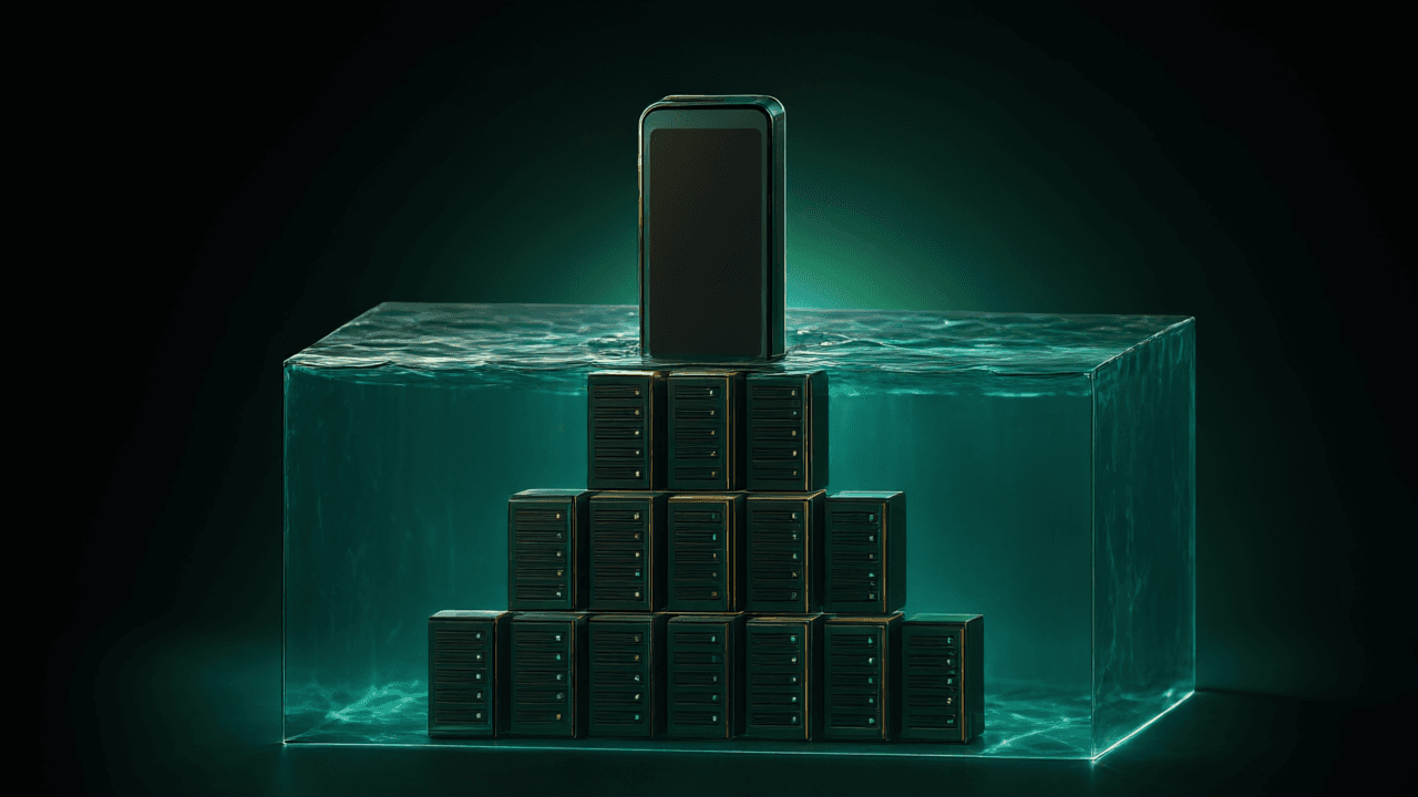 The same layout in a dark style with green light glowing through the water.