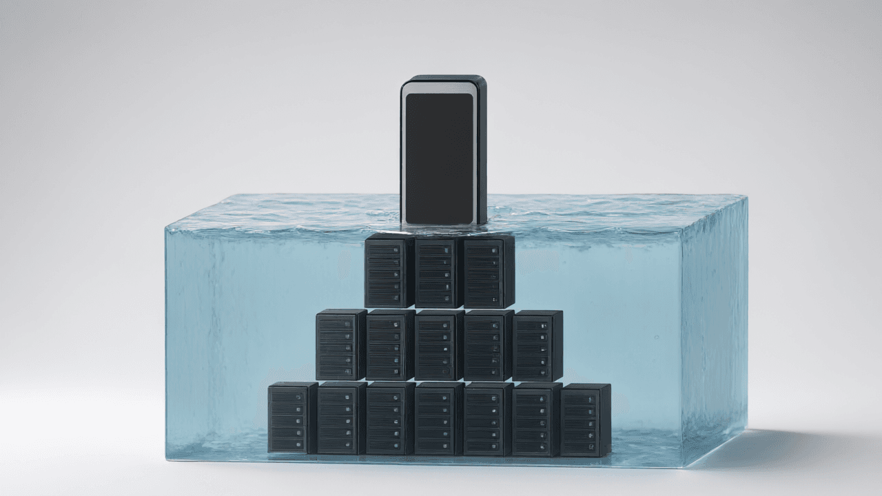The same layout as a photo: a phone on a block of clear blue water over dark servers.